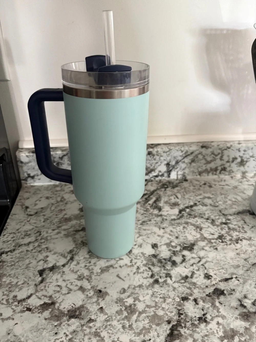 Stanley Mint Green Travel Tumbler with Navy Handle - Picture 3 of 8